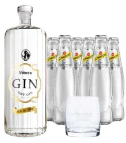 Löwen Dry Gin & 6 X Schweppes Dry Tonic Water & Glas
